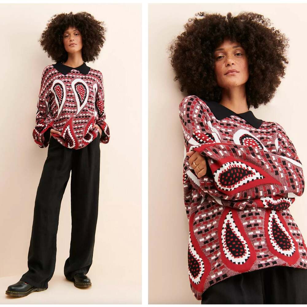 ANTHROPOLOGIE x FRENCHMAUVE Oversized Paisley Sweater Red Black Sz M {AA30}